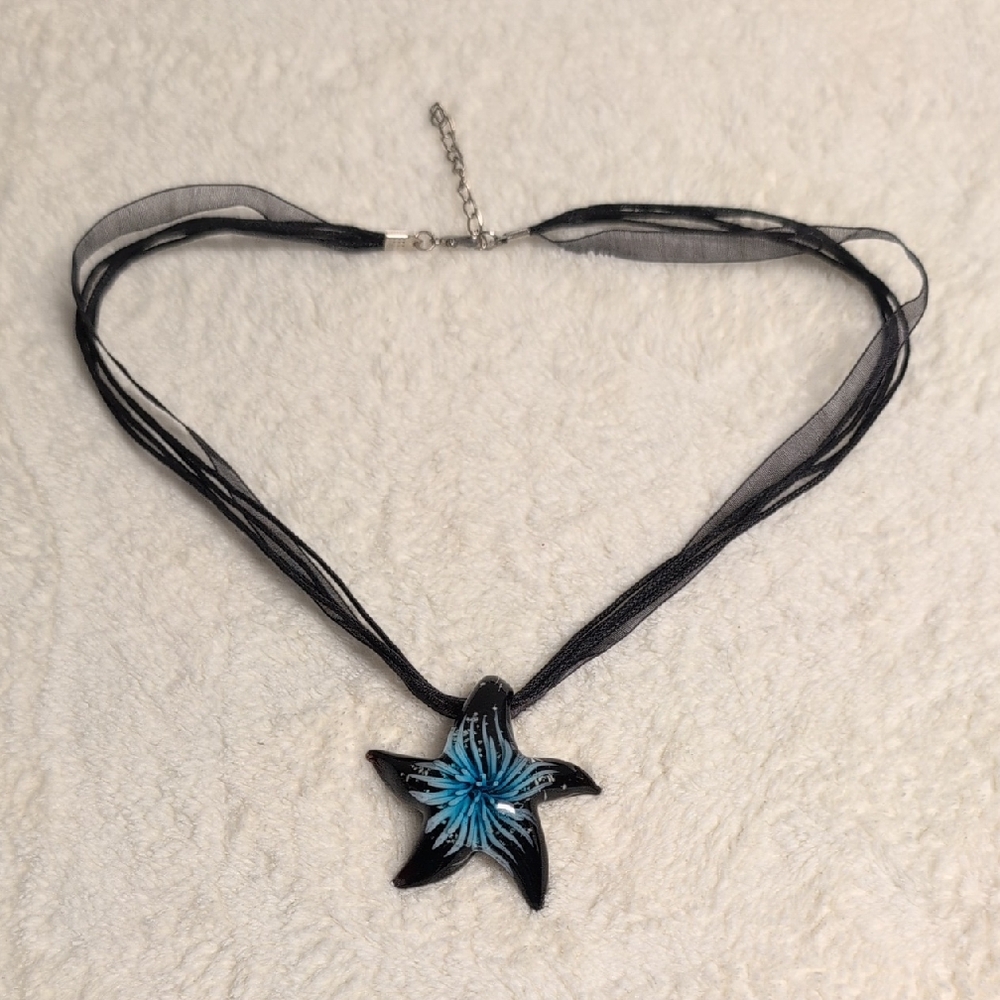 🌈5/$20🌈Bundle!😍Black & Blue Starfish Murano Glass Style Pendant Necklace